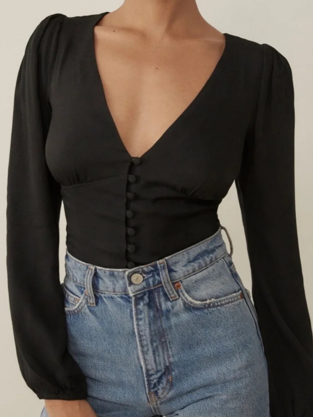 Reformation Nell Top Black Deep V Button Front Blouse XS Minimalist Basic